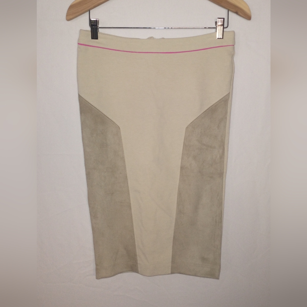 Hale Bob Edgy Ponte Pencil Skirt Suede Panels Size Medium Cream Tan